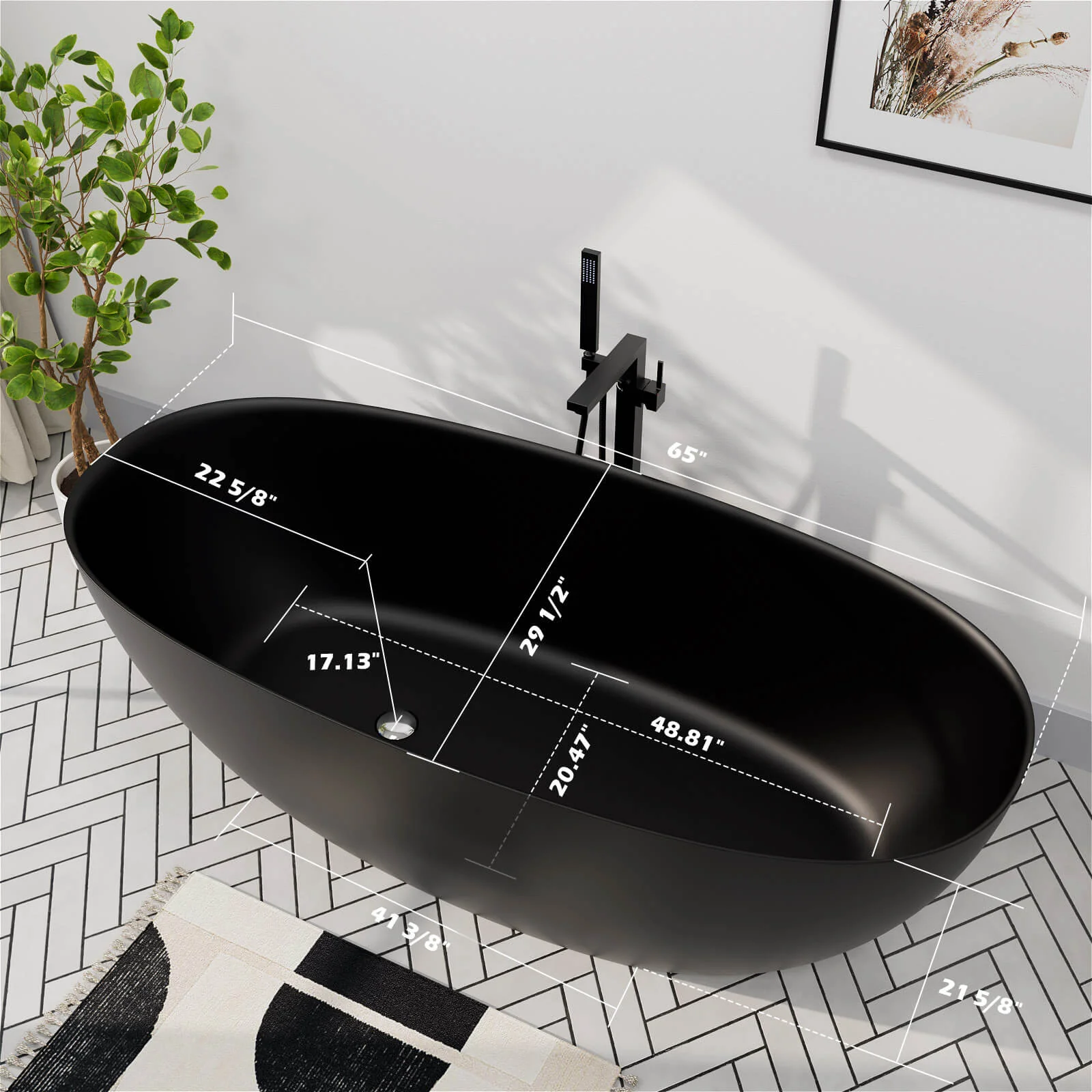 65'' Solid Surface Stone Resin Modern Oval Shaped Freestanding Soaking Bathtub with Overflow - Image 7