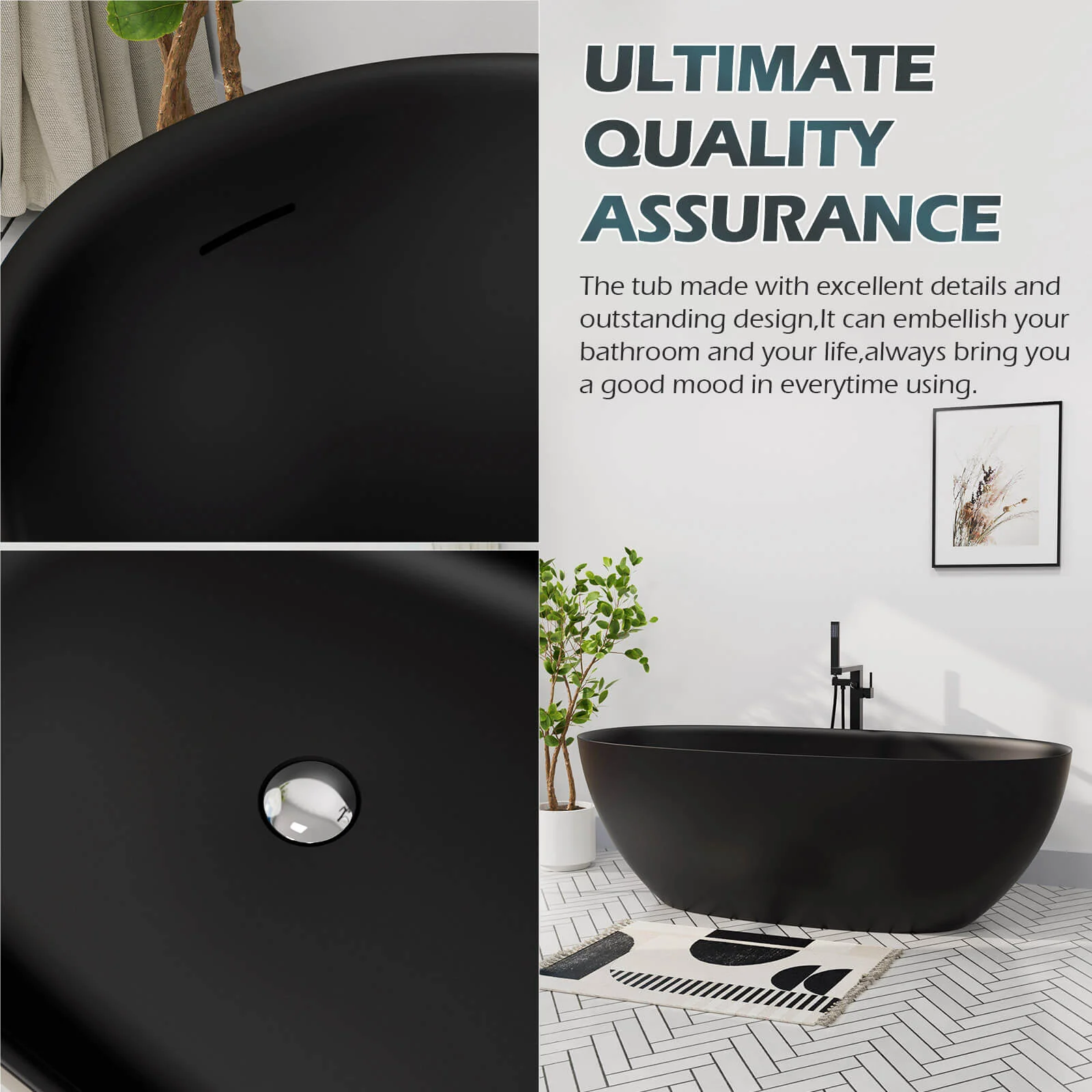 65'' Solid Surface Stone Resin Modern Oval Shaped Freestanding Soaking Bathtub with Overflow - Image 9
