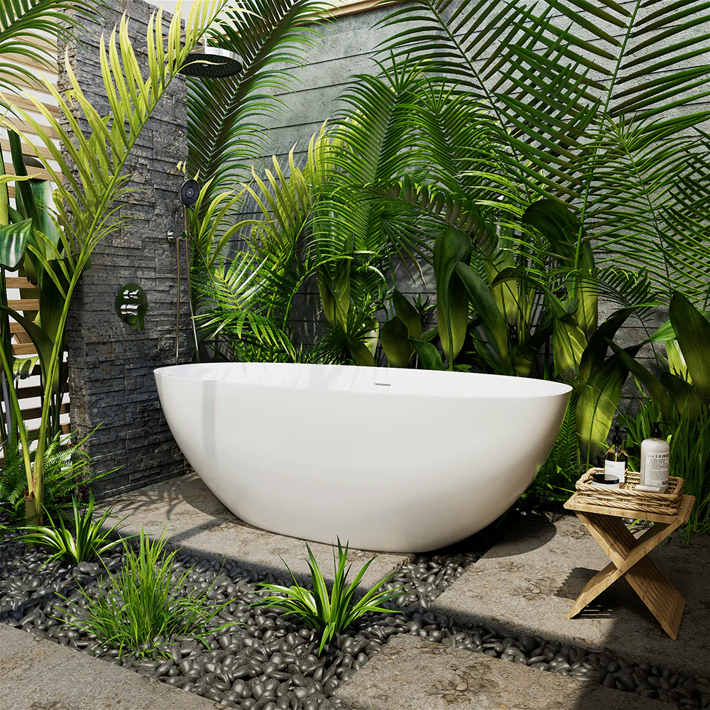 65'' Solid Surface Stone Resin Oval-shaped Freestanding Soaking Bathtub with Overflow - Image 11