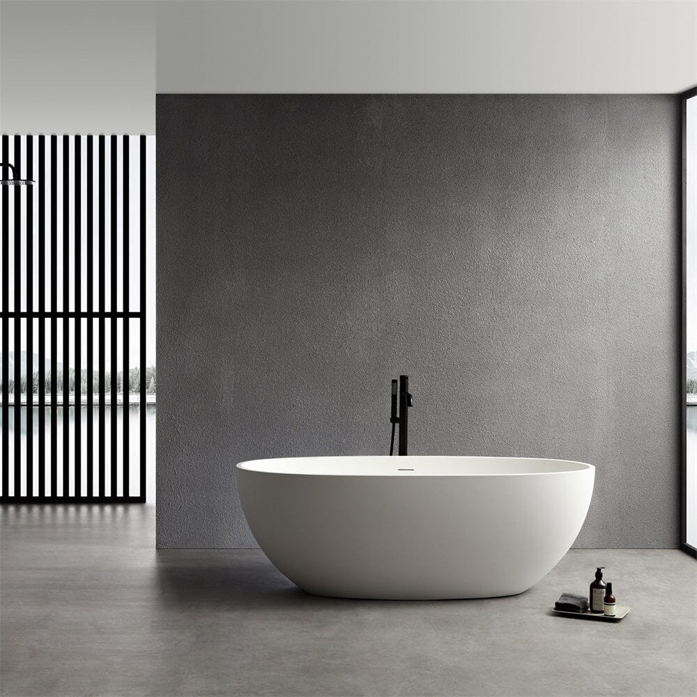 65'' Solid Surface Stone Resin Oval-shaped Freestanding Soaking Bathtub with Overflow - Image 13
