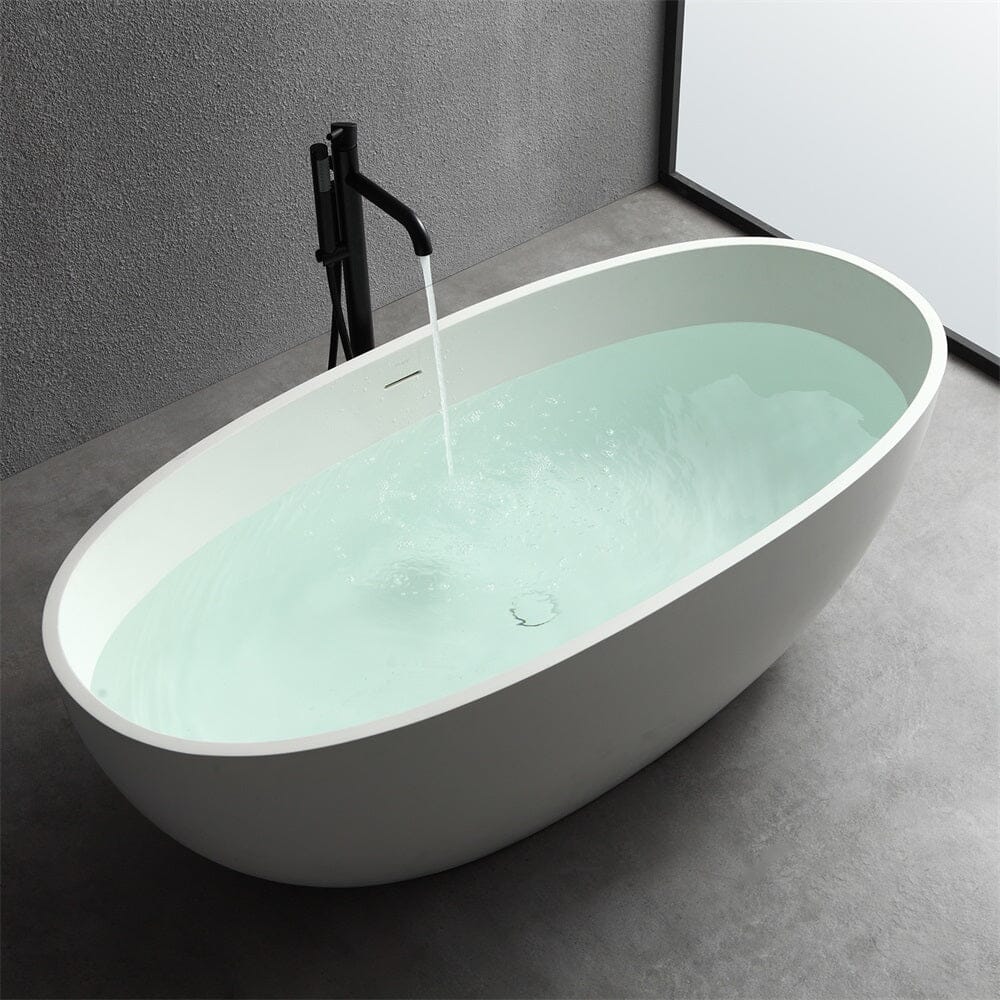 65'' Solid Surface Stone Resin Oval-shaped Freestanding Soaking Bathtub with Overflow - Image 14