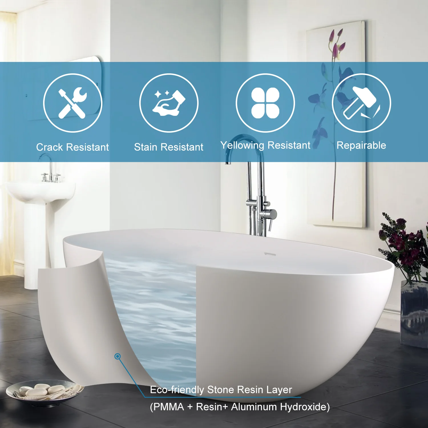 65'' Solid Surface Stone Resin Oval-shaped Freestanding Soaking Bathtub with Overflow - Image 17