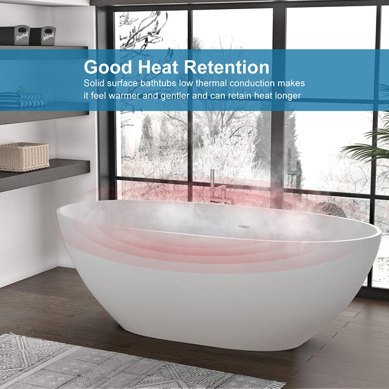 65'' Solid Surface Stone Resin Oval-shaped Freestanding Soaking Bathtub with Overflow - Image 20