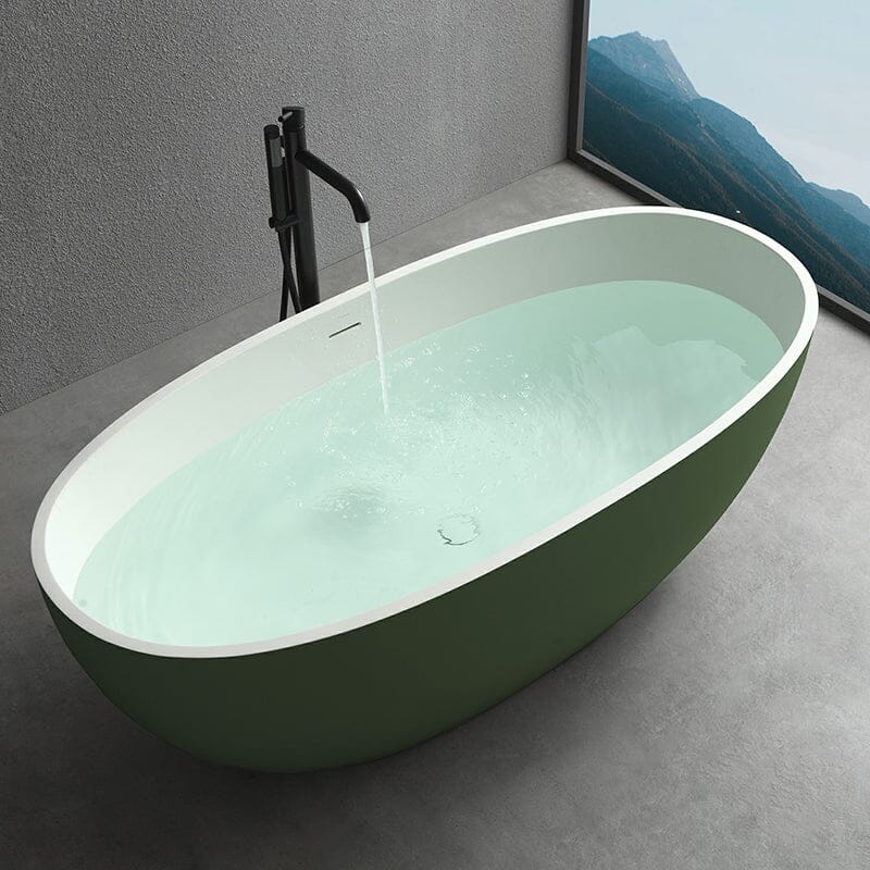 65'' Solid Surface Stone Resin Oval-shaped Freestanding Soaking Bathtub with Overflow - Image 3