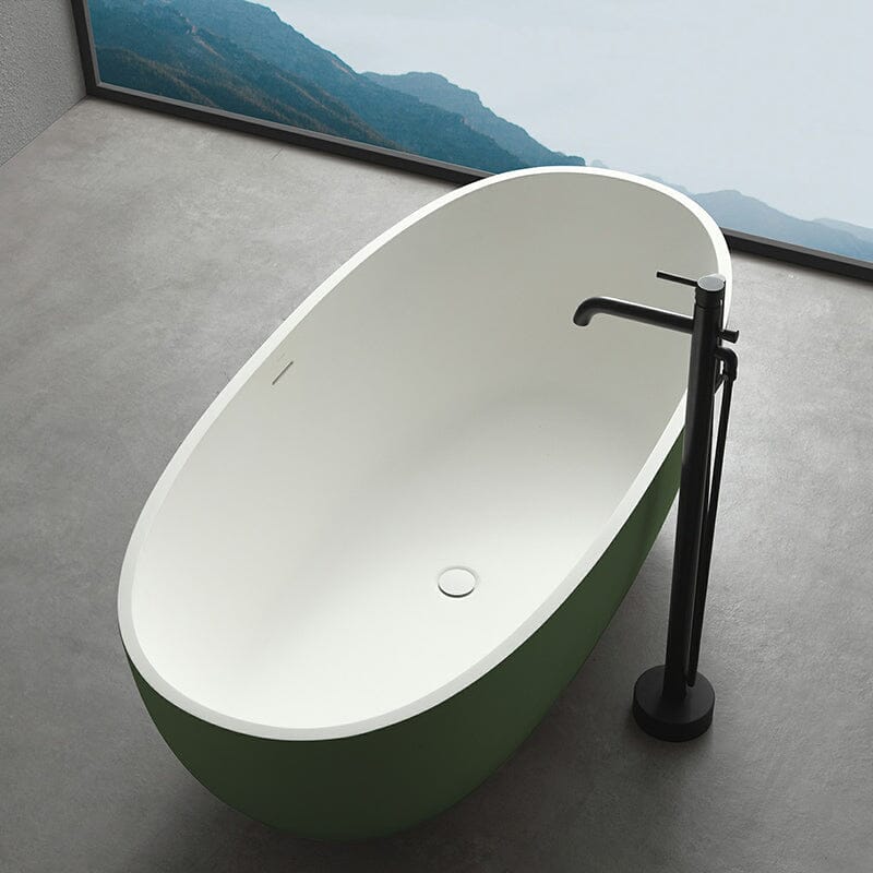 65'' Solid Surface Stone Resin Oval-shaped Freestanding Soaking Bathtub with Overflow - Image 4