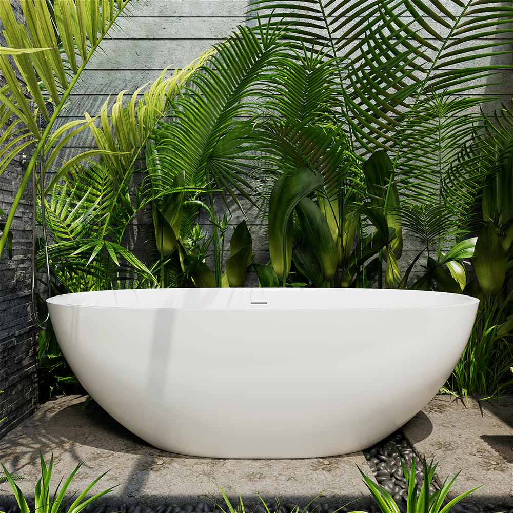 65'' Solid Surface Stone Resin Oval-shaped Freestanding Soaking Bathtub with Overflow - Image 9