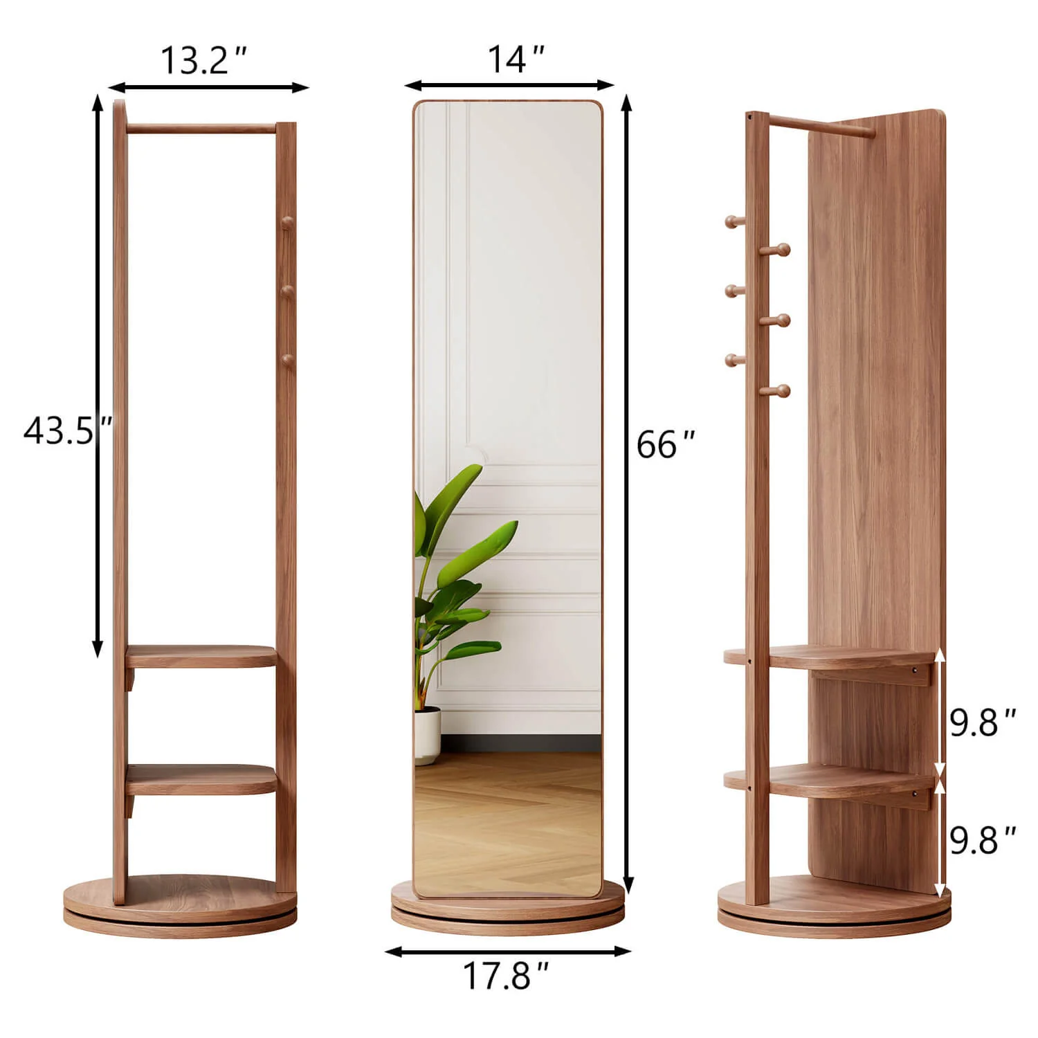 66"x14" Walnut 360° Rotating Full Length Mirror with Hooks, Solid Wood Coat Rack - Image 4
