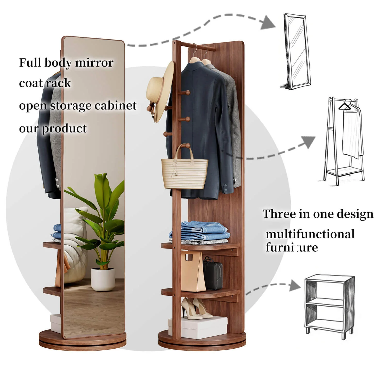 66"x14" Walnut 360° Rotating Full Length Mirror with Hooks, Solid Wood Coat Rack - Image 6