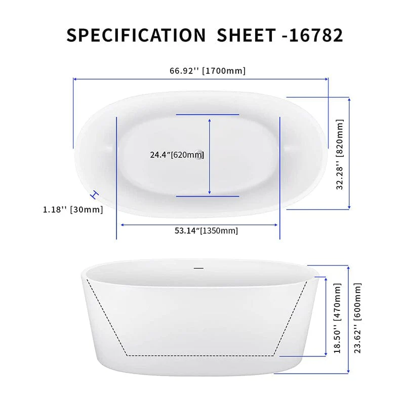Mokleba 67" Acrylic Modern Bathtub Oval Shape Freestanding Soaking Tub - Image 8