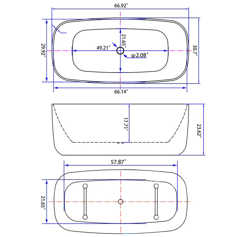 Mokleba 67" Acrylic Rounded Rectangle Freestanding Soaking Bathtub Double Ended - Image 15