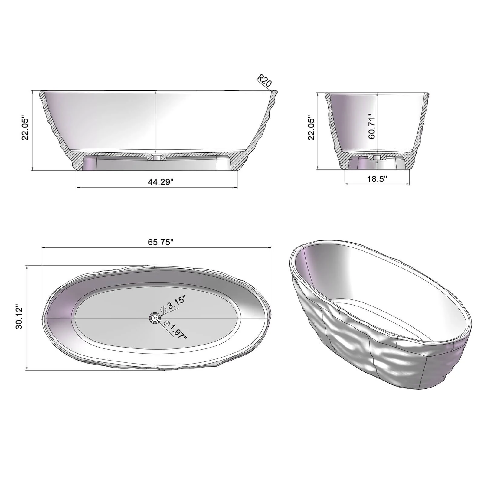 67" Blue Transparent Resin Freestanding Bathtub - Image 4
