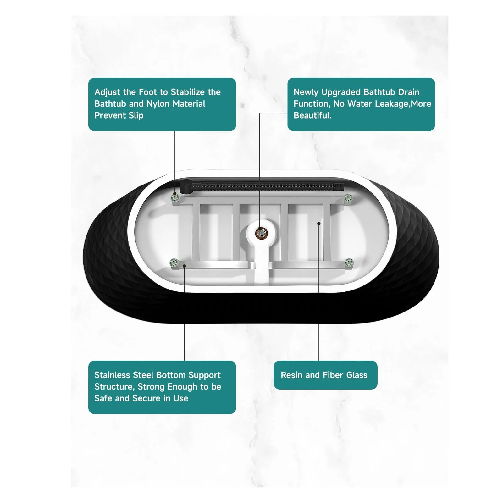 67" Diamond Texture Design Acrylic Bathtub - Image 3