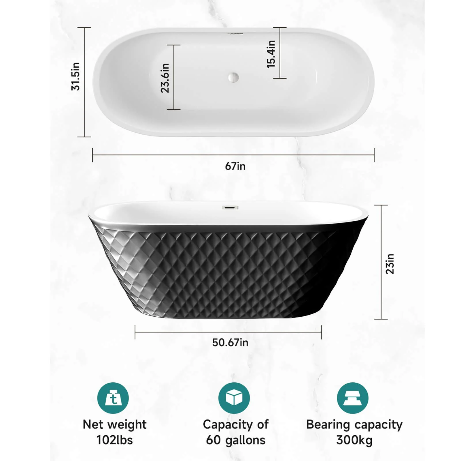 67" Diamond Texture Design Acrylic Bathtub - Image 8