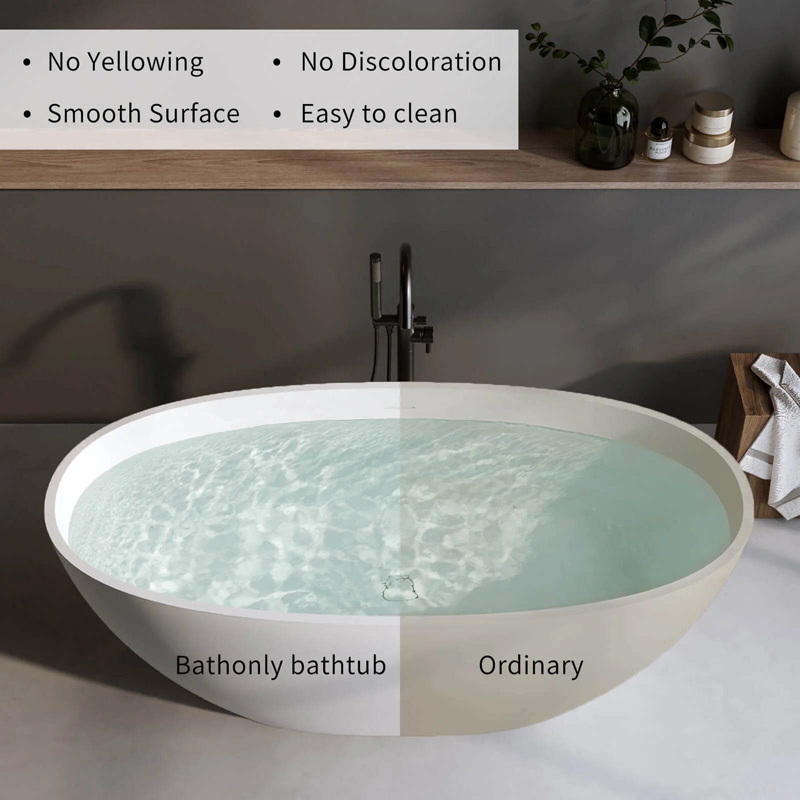67" Matte Solid Surface Bathtub with Thick Edge & Pop-Up Drain - Image 3