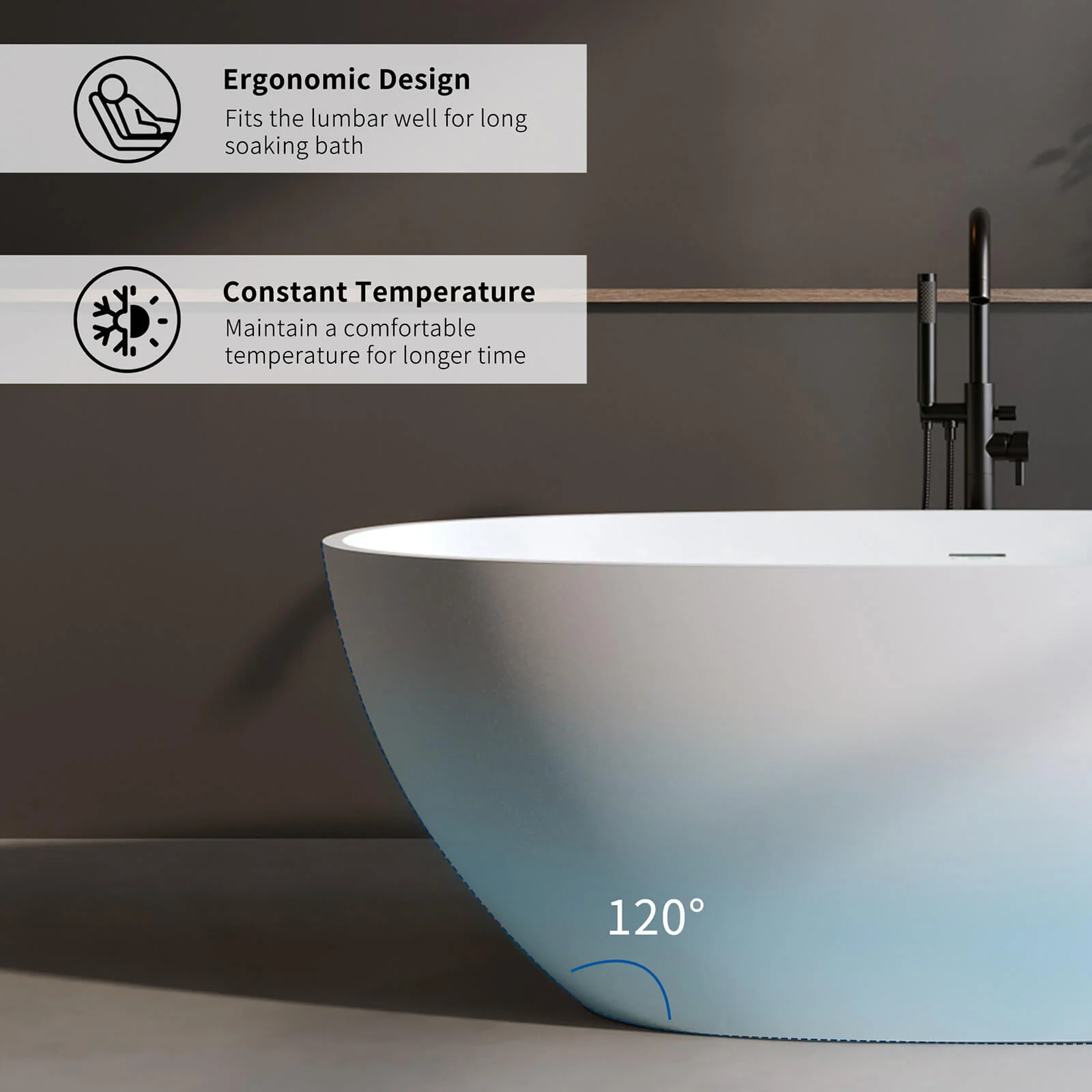 67" Matte Solid Surface Bathtub with Thick Edge & Pop-Up Drain - Image 4