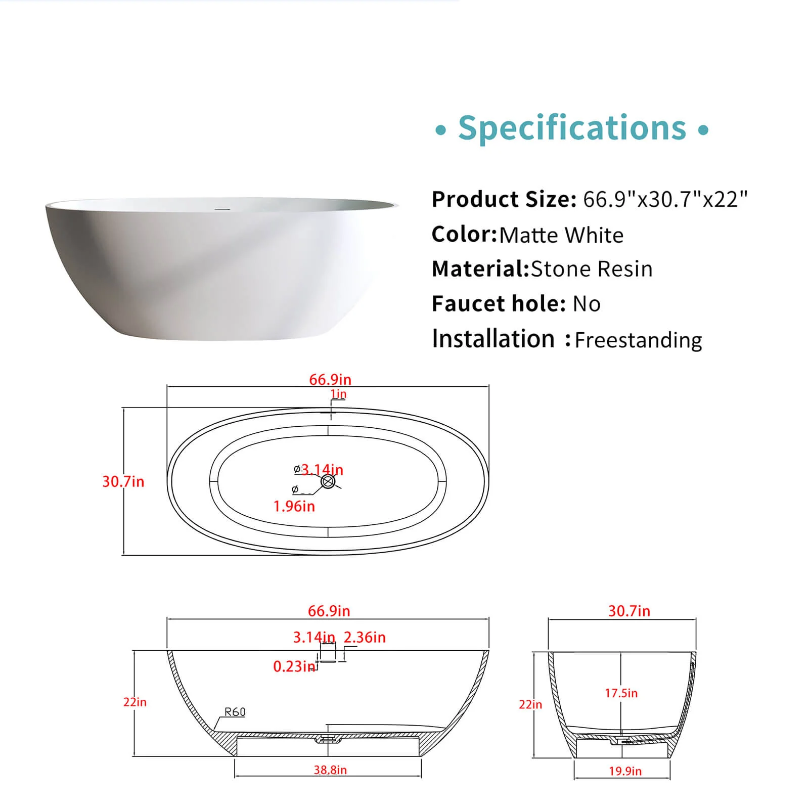 67" Matte Solid Surface Bathtub with Thick Edge & Pop-Up Drain - Image 6