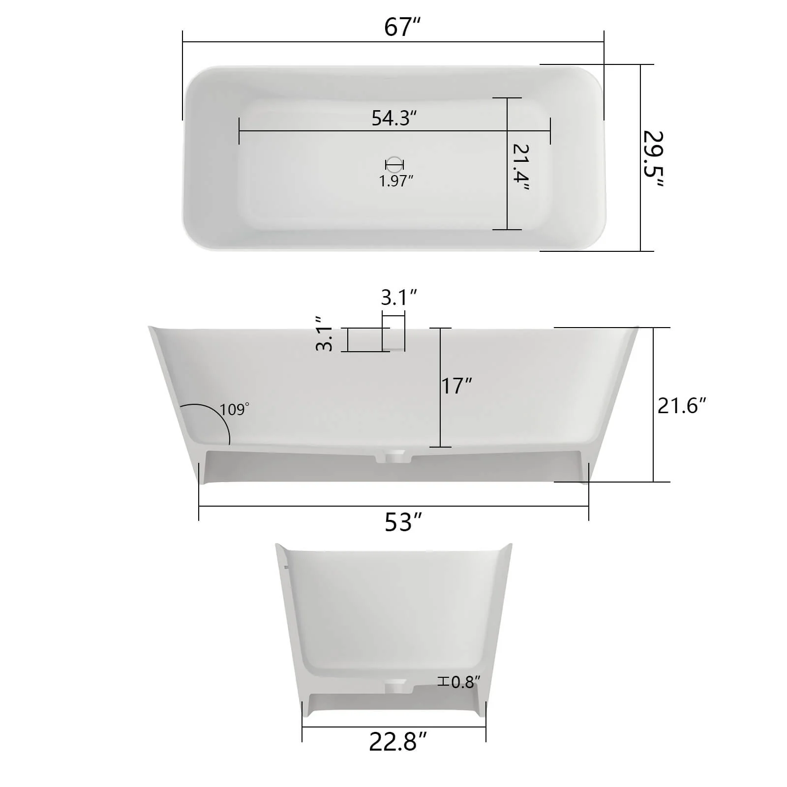67" Matte White Solid Surface Rectangular Freestanding Tub - Image 11