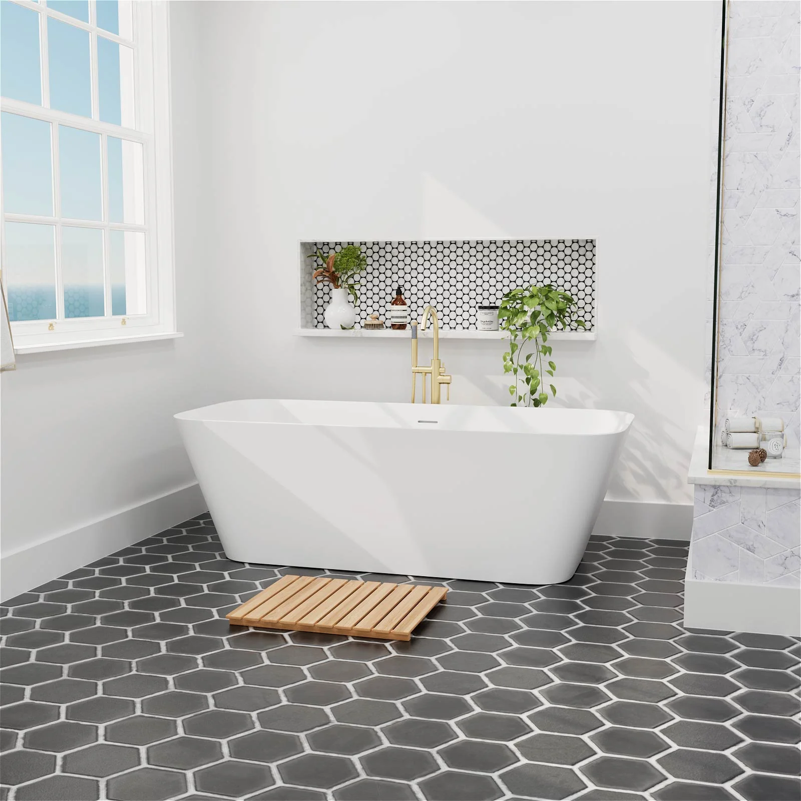 67" Matte White Solid Surface Rectangular Freestanding Tub - Image 5