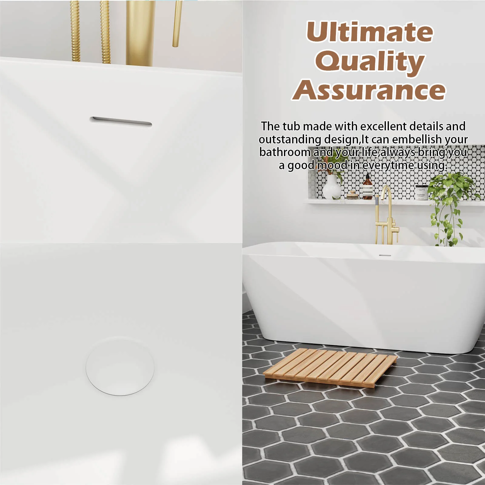 67" Matte White Solid Surface Rectangular Freestanding Tub - Image 6