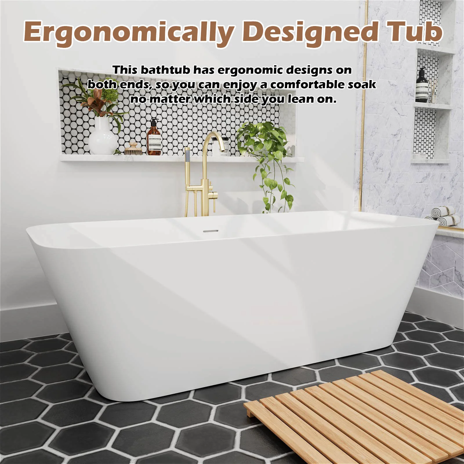 67" Matte White Solid Surface Rectangular Freestanding Tub - Image 7