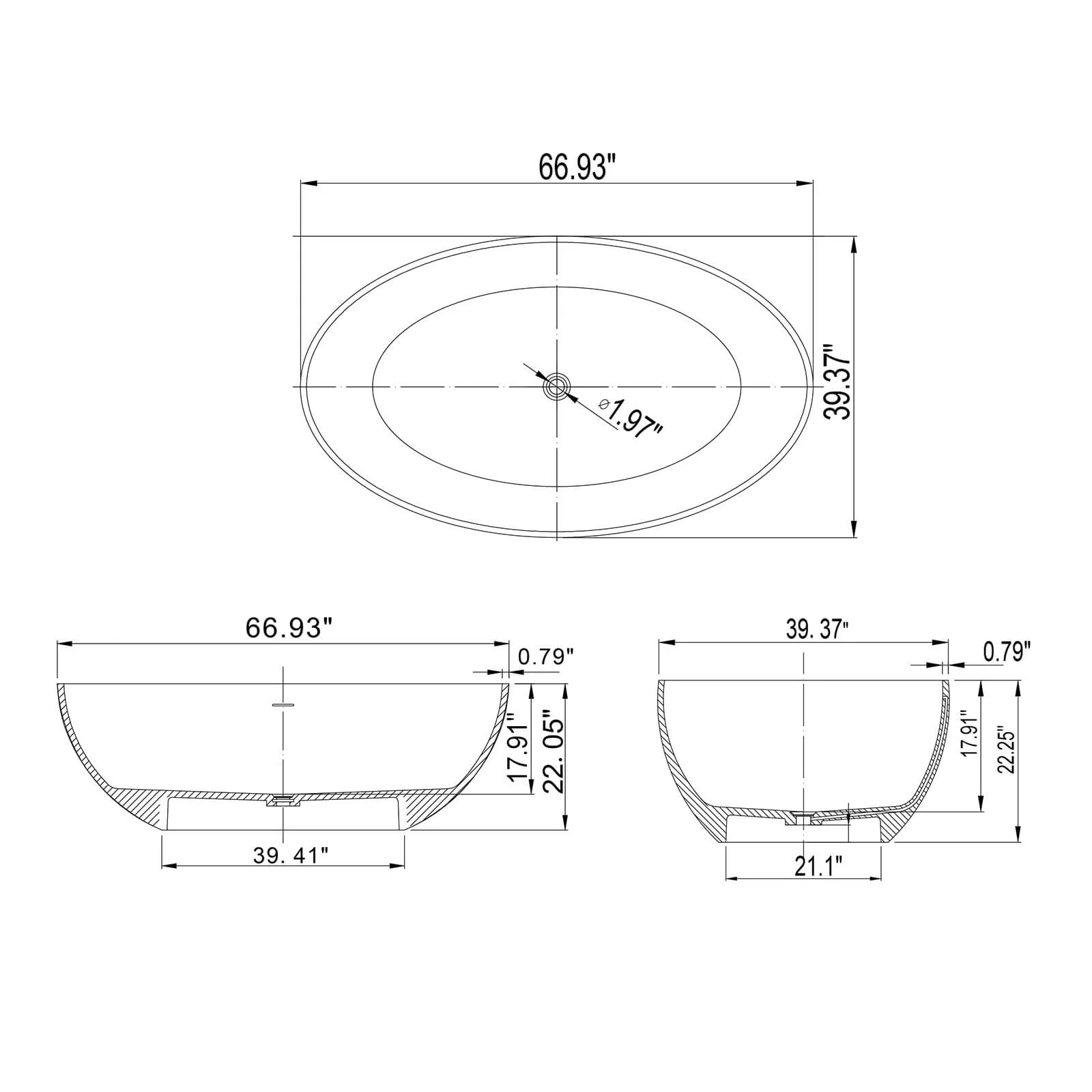 67" Walnut Finish Solid Surface Freestanding Soaking Tub - Image 3