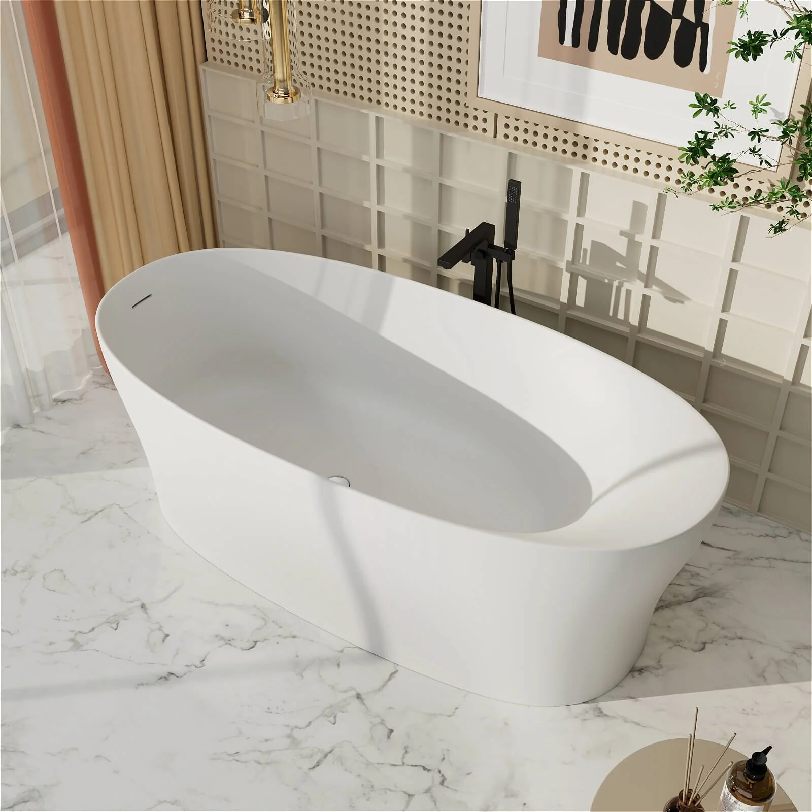 63"/67"/71'' Solid Surface Stone Resin Freestanding Soaking Bathtub Comfortable Backrest Design - Image 13