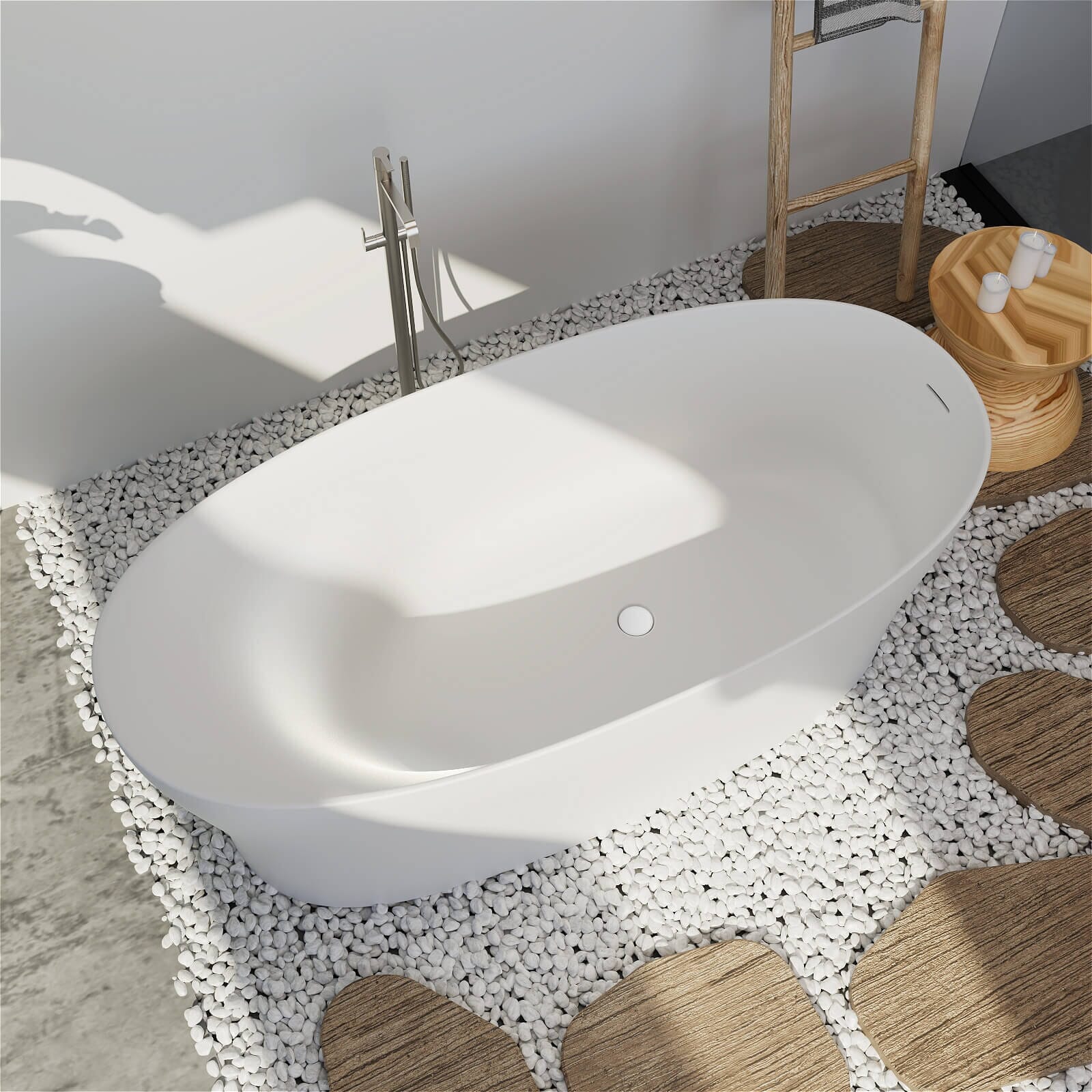 63"/67"/71'' Solid Surface Stone Resin Freestanding Soaking Bathtub Comfortable Backrest Design - Image 16