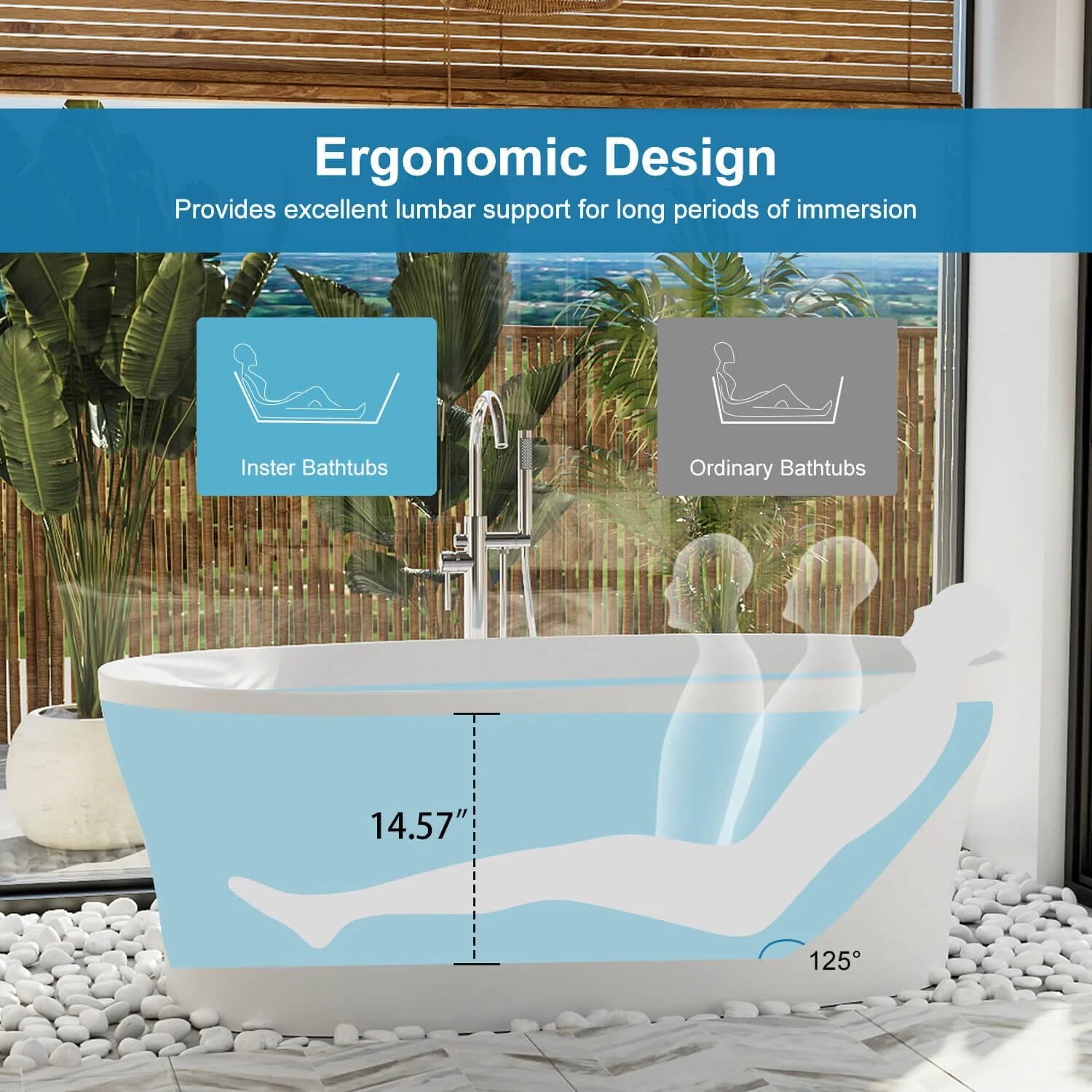 63"/67"/71'' Solid Surface Stone Resin Freestanding Soaking Bathtub Comfortable Backrest Design - Image 21