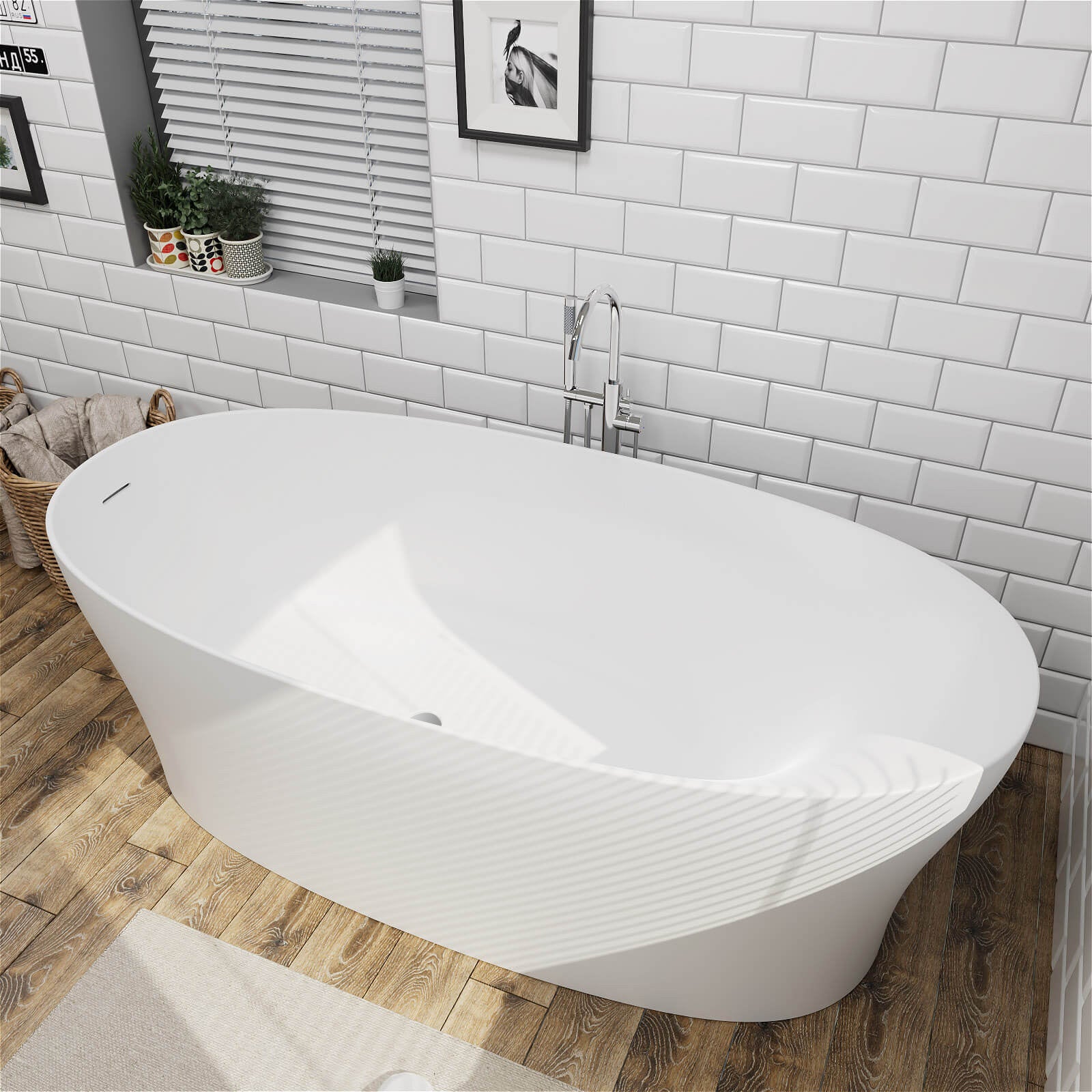 63"/67"/71'' Solid Surface Stone Resin Freestanding Soaking Bathtub Comfortable Backrest Design - Image 25