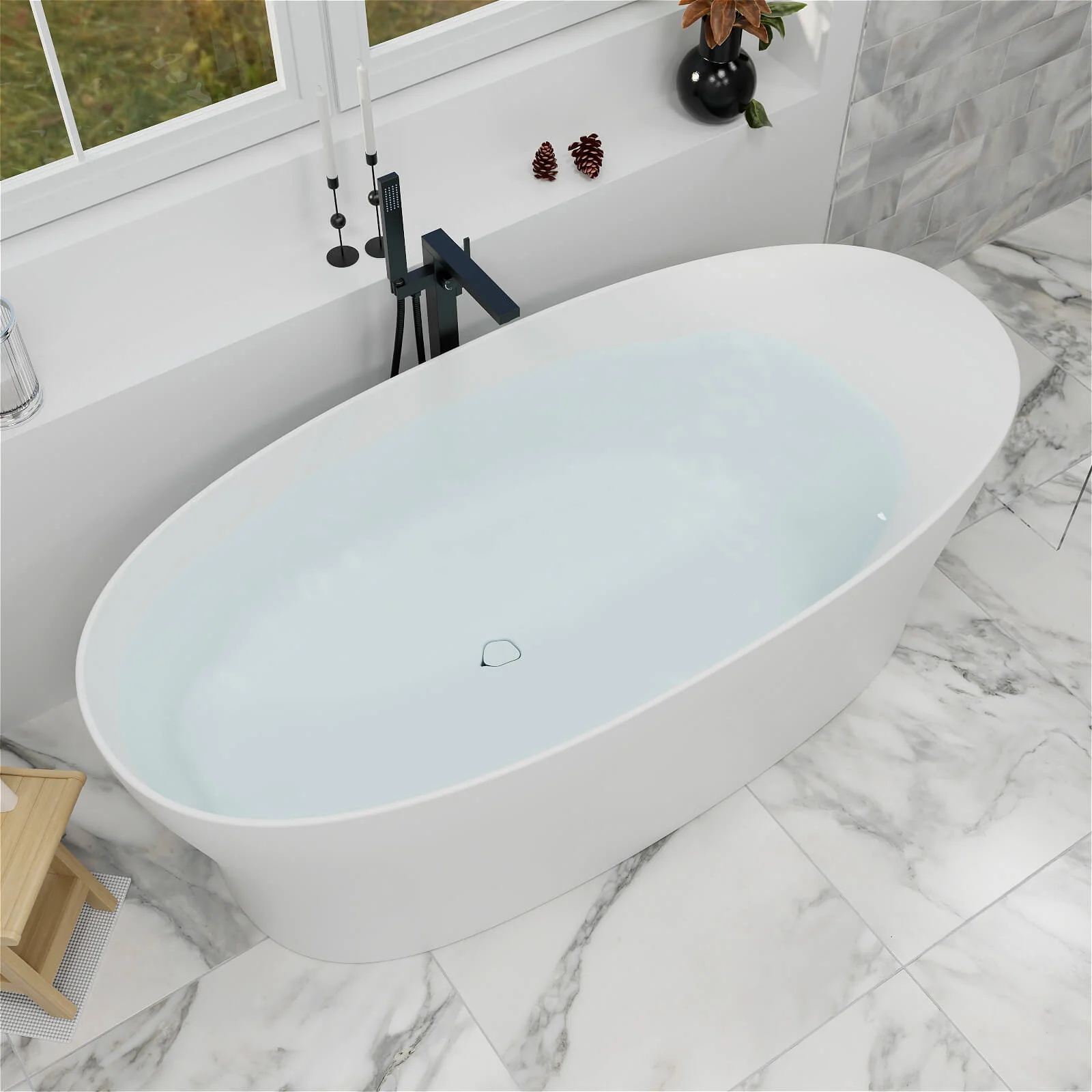 63"/67"/71'' Solid Surface Stone Resin Freestanding Soaking Bathtub Comfortable Backrest Design - Image 3