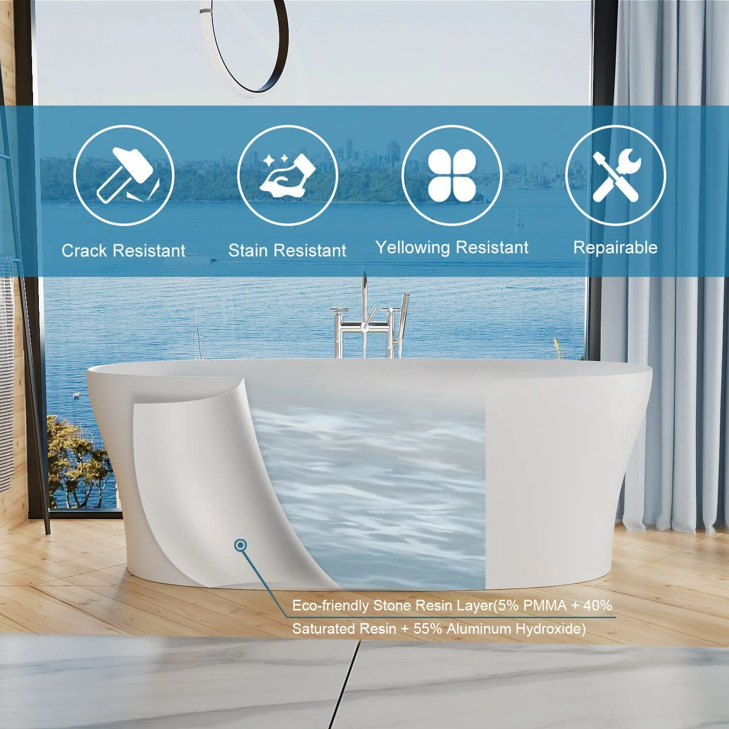 63"/67"/71'' Solid Surface Stone Resin Freestanding Soaking Bathtub Comfortable Backrest Design - Image 30