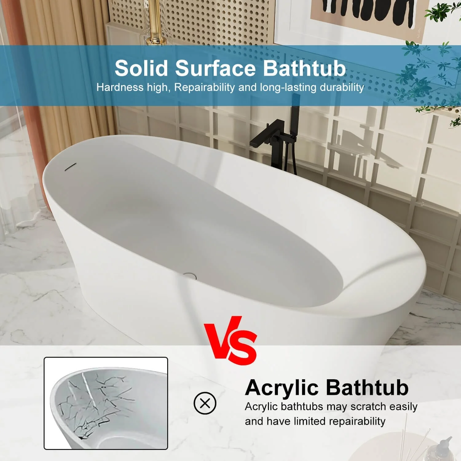63"/67"/71'' Solid Surface Stone Resin Freestanding Soaking Bathtub Comfortable Backrest Design - Image 31