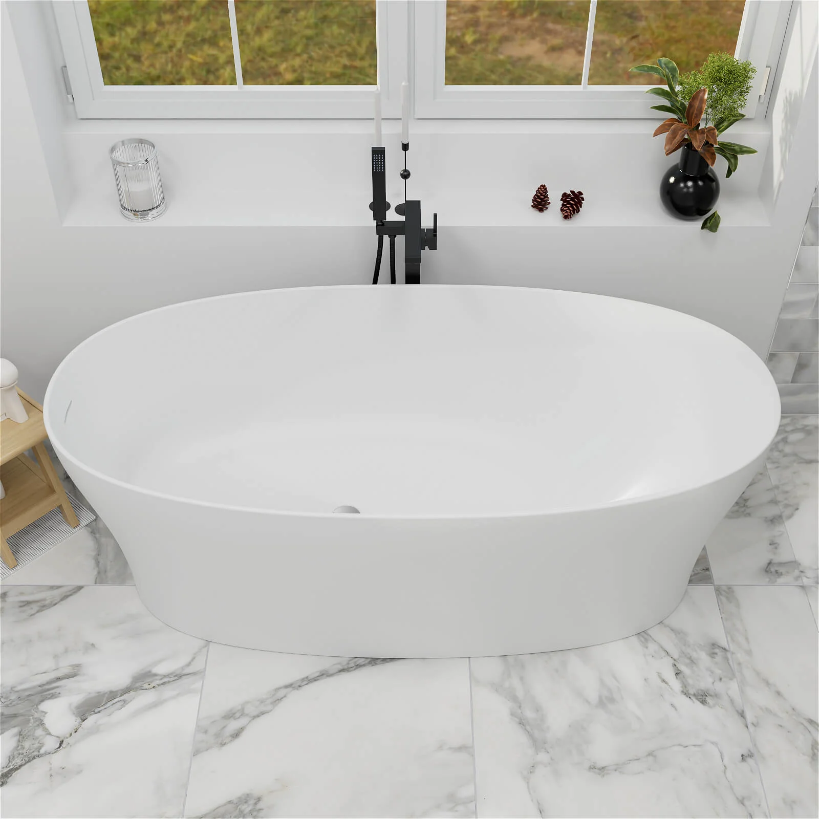 63"/67"/71'' Solid Surface Stone Resin Freestanding Soaking Bathtub Comfortable Backrest Design - Image 4