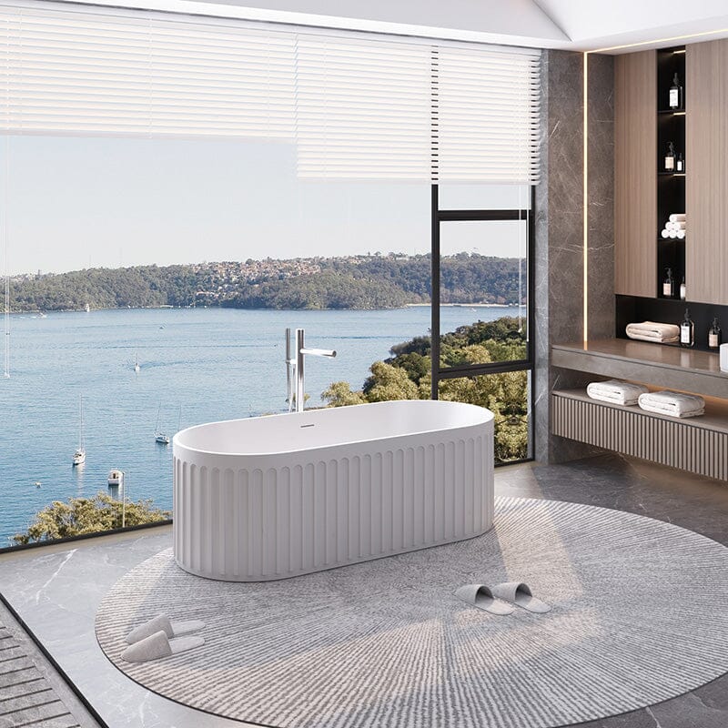 67'' Solid Surface Stone Resin Nordic Modern Oval Shaped Freestanding Soaking Bathtub with Fluted - Image 5