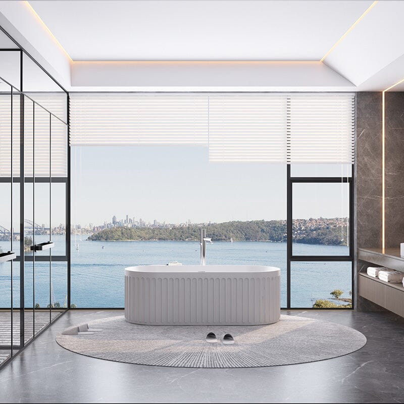 67'' Solid Surface Stone Resin Nordic Modern Oval Shaped Freestanding Soaking Bathtub with Fluted - Image 7