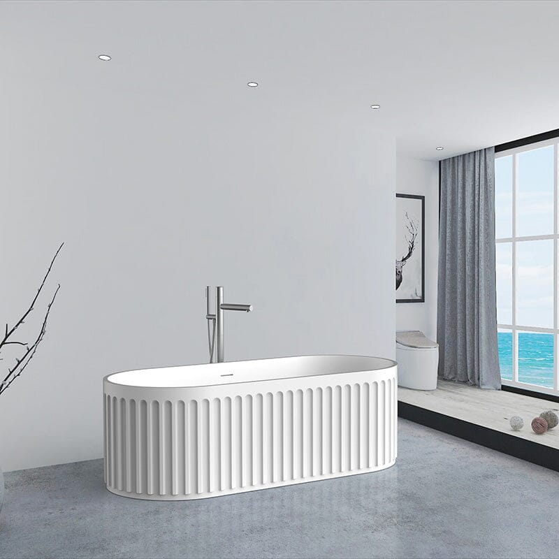 67'' Solid Surface Stone Resin Nordic Modern Oval Shaped Freestanding Soaking Bathtub with Fluted - Image 8