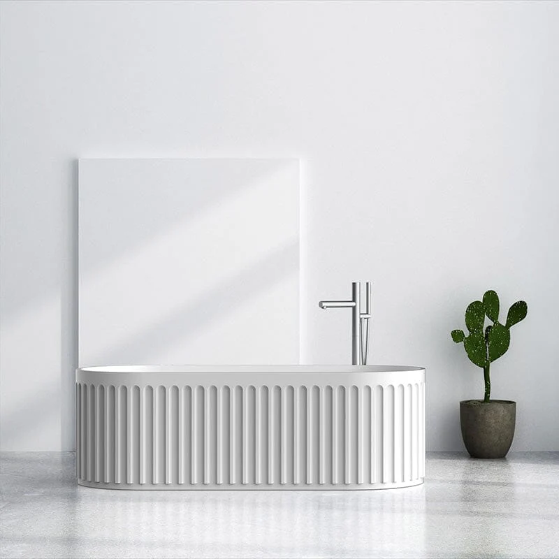 67'' Solid Surface Stone Resin Nordic Modern Oval Shaped Freestanding Soaking Bathtub with Fluted - Image 9