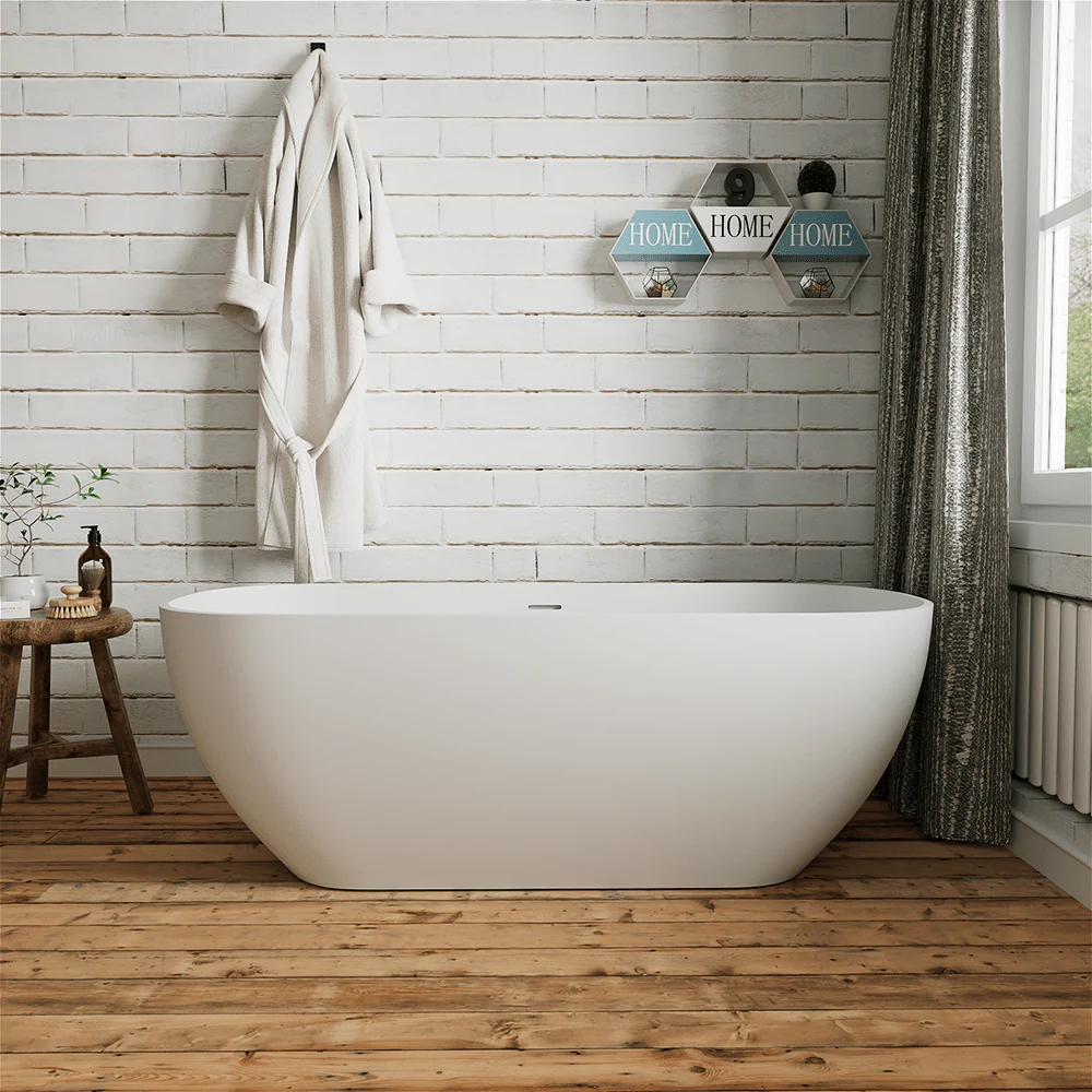 67'' Solid Surface Stone Resin Modern Oval Matte White Freestanding Soaking Bathtub with Overflow - Image 3