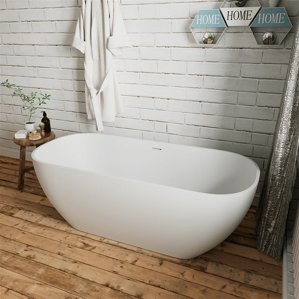 67'' Solid Surface Stone Resin Modern Oval Matte White Freestanding Soaking Bathtub with Overflow - Image 4