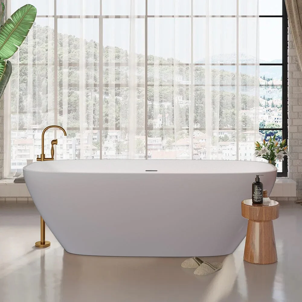 67'' Solid Surface Stone Resin Modern Oval Matte White Freestanding Soaking Bathtub with Overflow - Image 6