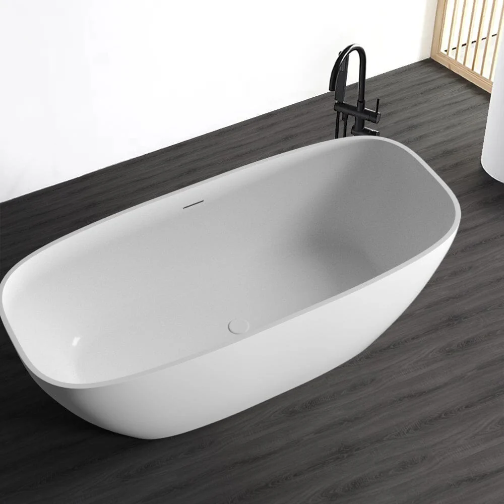 67'' Solid Surface Stone Resin Modern Oval Matte White Freestanding Soaking Bathtub with Overflow - Image 7
