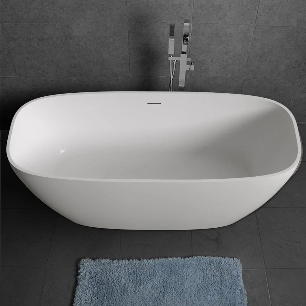 67'' Solid Surface Stone Resin Modern Oval Matte White Freestanding Soaking Bathtub with Overflow - Image 8