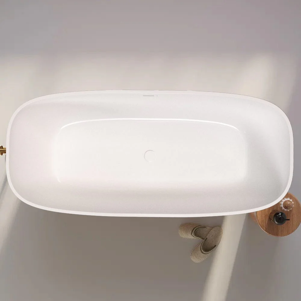 67'' Solid Surface Stone Resin Modern Oval Matte White Freestanding Soaking Bathtub with Overflow - Image 9