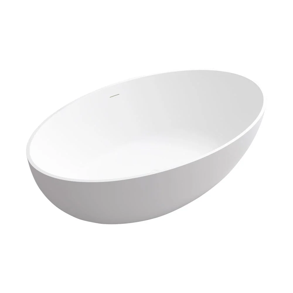 67'' Solid Surface Stone Resin Oval-shaped Matte White Freestanding Soaking Bathtub with Overflow - Image 11