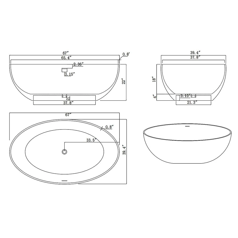 67'' Solid Surface Stone Resin Oval-shaped Matte White Freestanding Soaking Bathtub with Overflow - Image 14