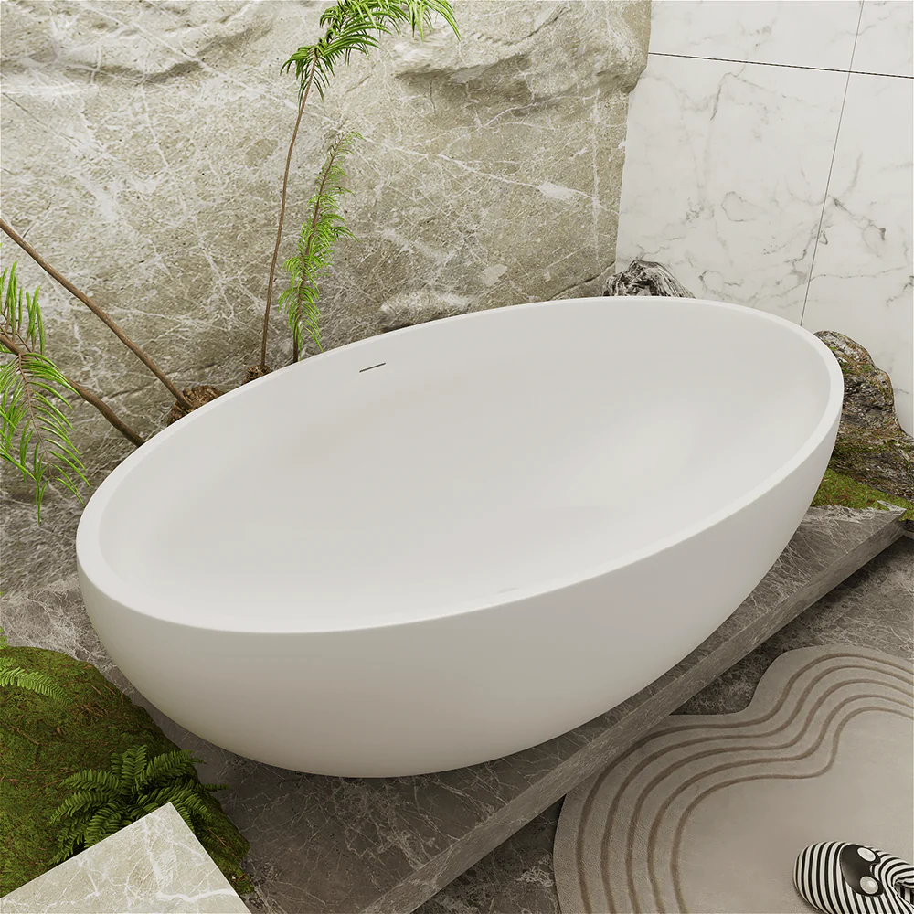 67'' Solid Surface Stone Resin Oval-shaped Matte White Freestanding Soaking Bathtub with Overflow - Image 3