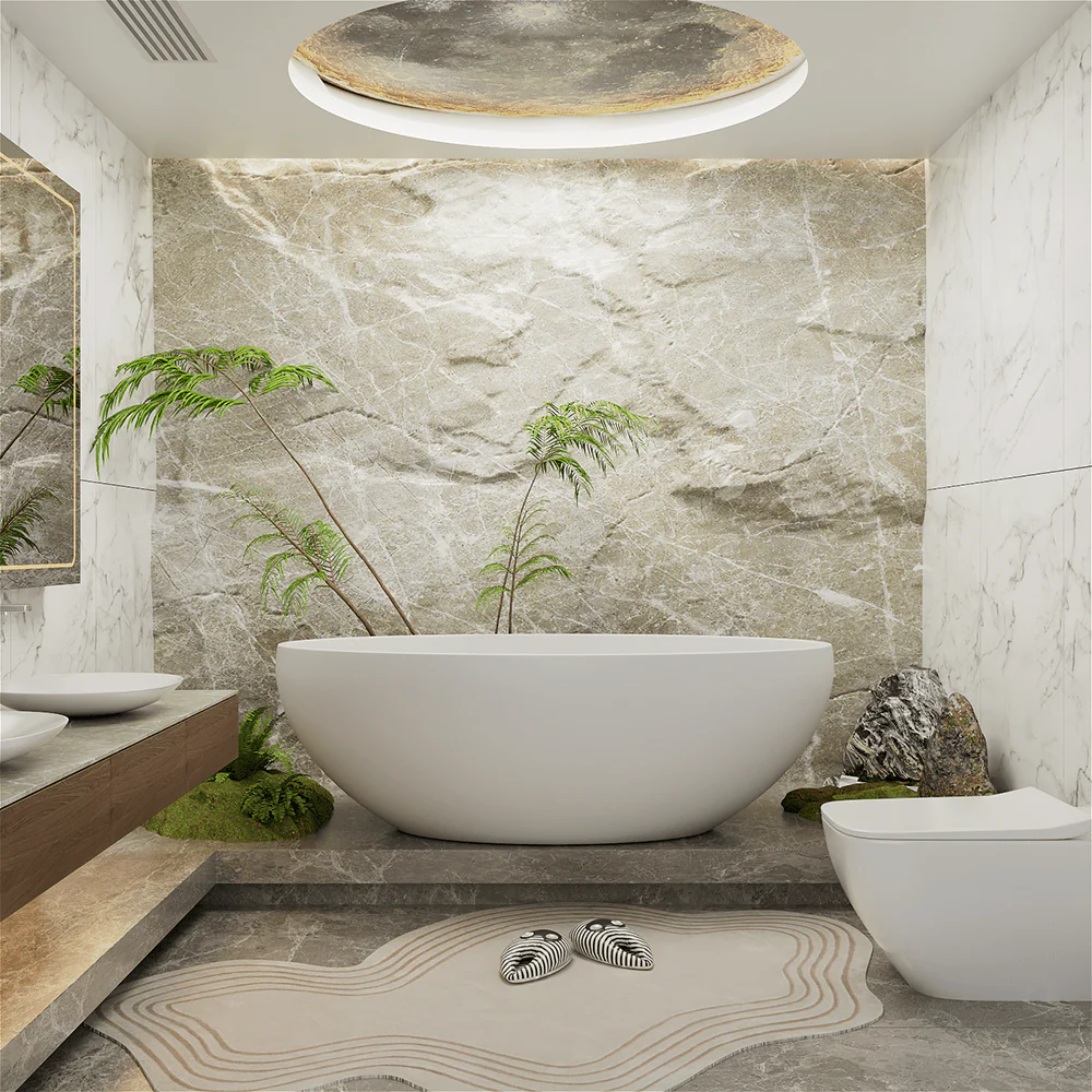 67'' Solid Surface Stone Resin Oval-shaped Matte White Freestanding Soaking Bathtub with Overflow - Image 4