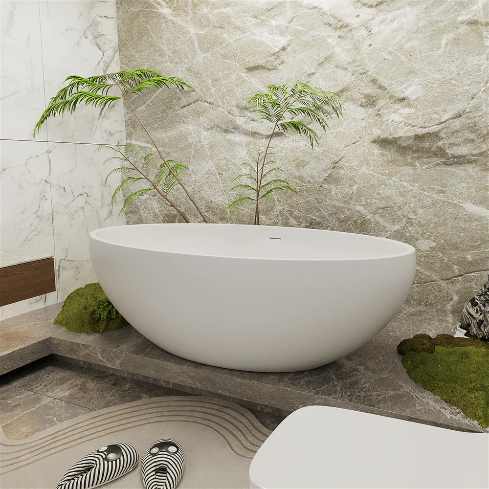 67'' Solid Surface Stone Resin Oval-shaped Matte White Freestanding Soaking Bathtub with Overflow - Image 5