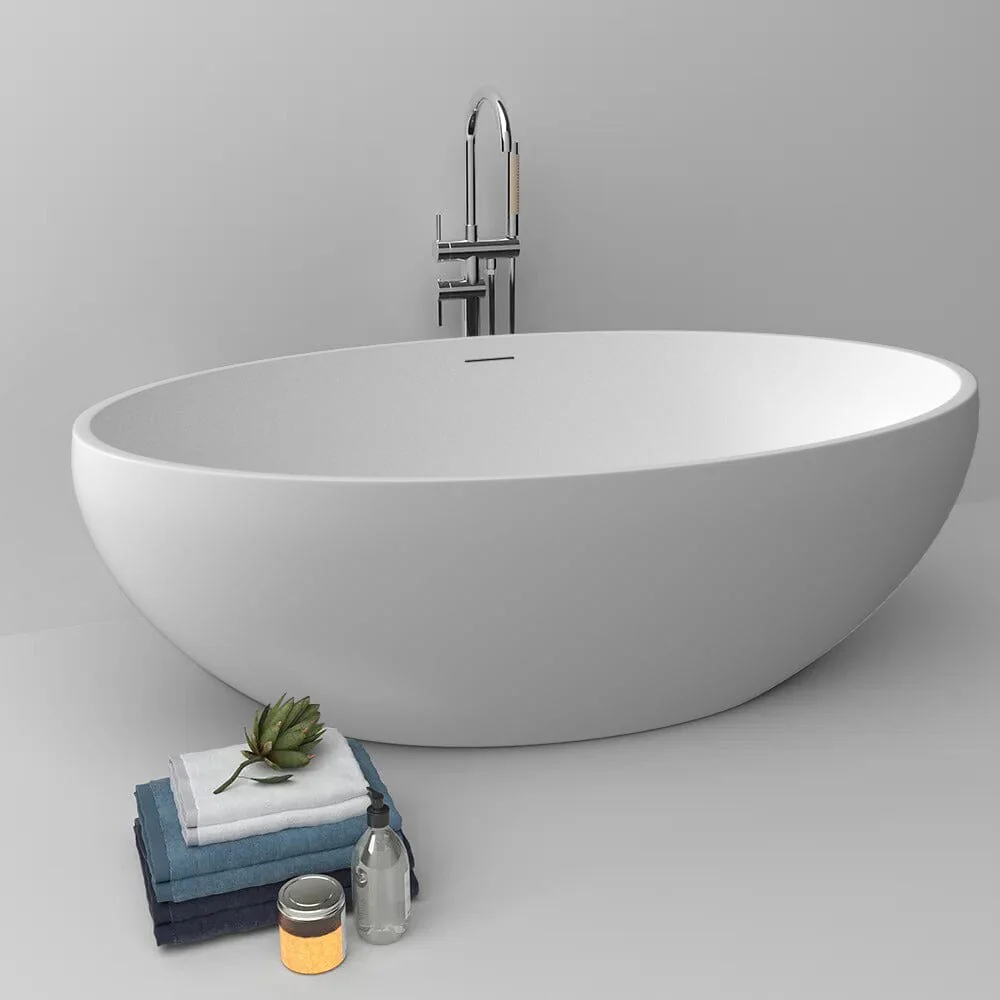 67'' Solid Surface Stone Resin Oval-shaped Matte White Freestanding Soaking Bathtub with Overflow - Image 6