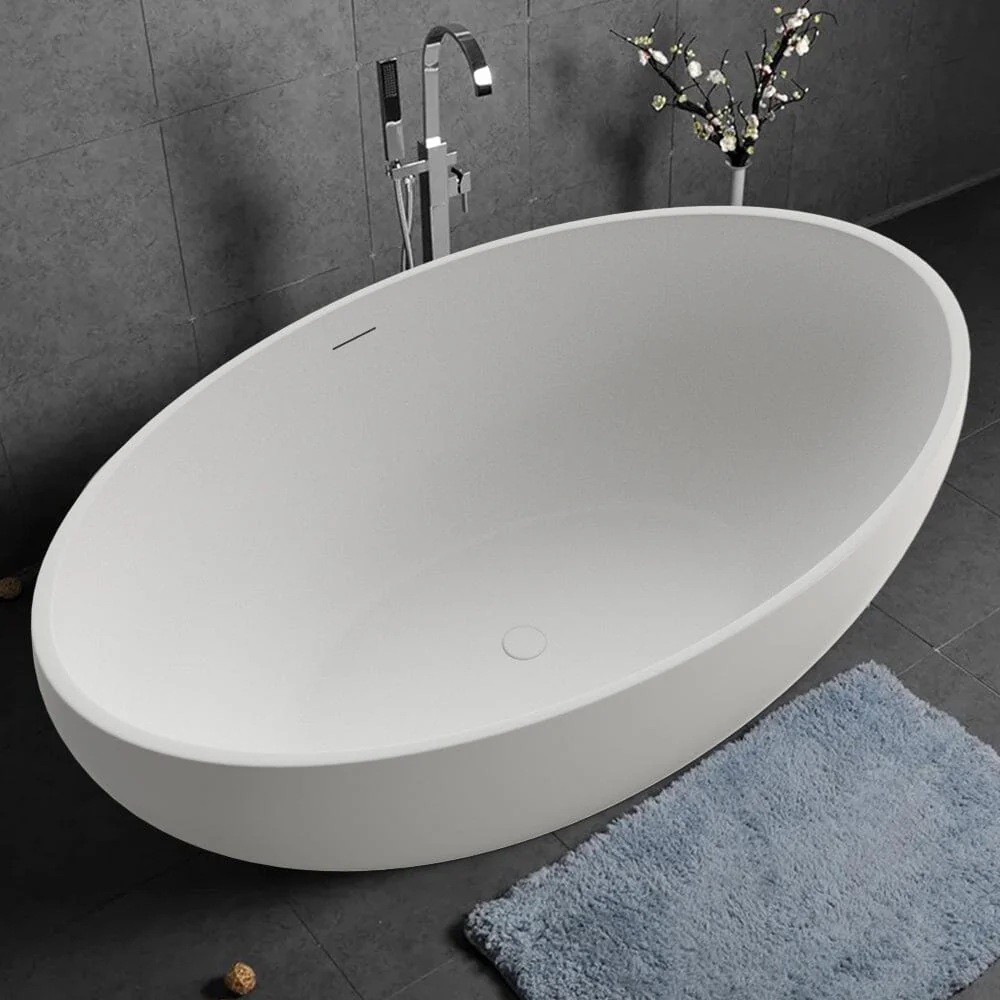 67'' Solid Surface Stone Resin Oval-shaped Matte White Freestanding Soaking Bathtub with Overflow - Image 7